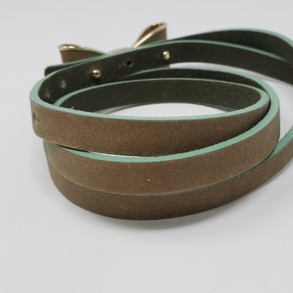 TARNISH TAN & MINT GREEN STRUCTURED BOW SKINNY LEATHER BELT WOMEN MEDIUM - Picture 13 of 14